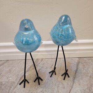 Murano Style HQT Hand Blown blue silver Glass Bird Figurine Tall Metal Legs